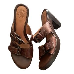 Nurture Piccolo Brown leather adjustable strap mule heels with cushioned sole